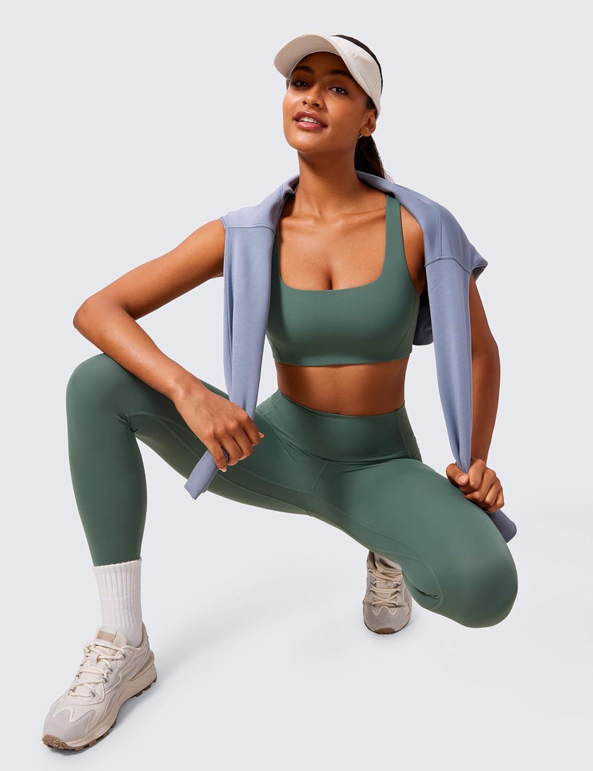 imageCRZ YOGA Butterlift Double Lined Square Neck Sports Bras for Women Wireless VShaped Racerback Workout Yoga Top Non PaddedDark Forest Green