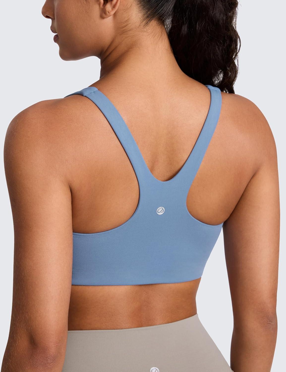 imageCRZ YOGA Butterlift Double Lined Square Neck Sports Bras for Women Wireless VShaped Racerback Workout Yoga Top Non PaddedWashed Denim