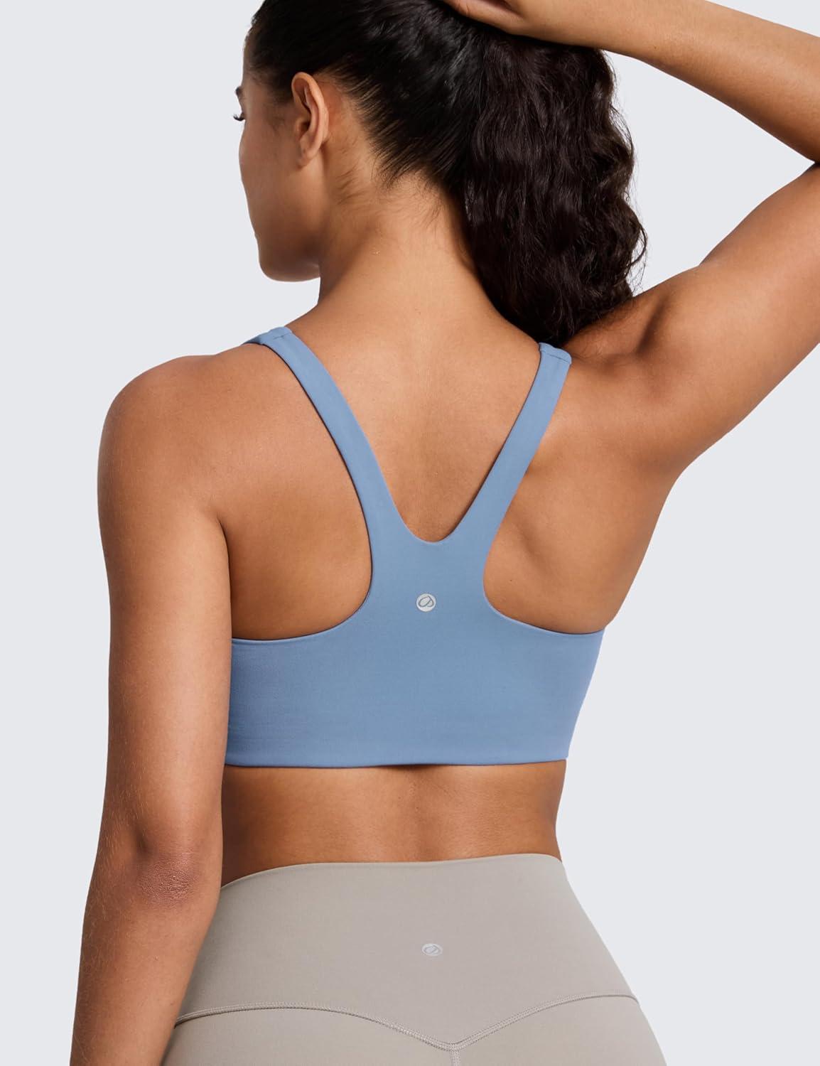 imageCRZ YOGA Butterlift Double Lined Square Neck Sports Bras for Women Wireless VShaped Racerback Workout Yoga Top Non PaddedWashed Denim
