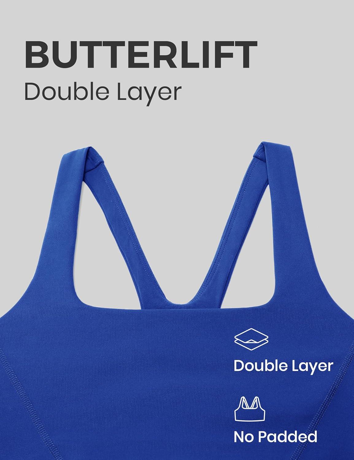 imageCRZ YOGA Butterlift Double Lined Square Neck Sports Bras for Women Wireless VShaped Racerback Workout Yoga Top Non PaddedWaves Blue