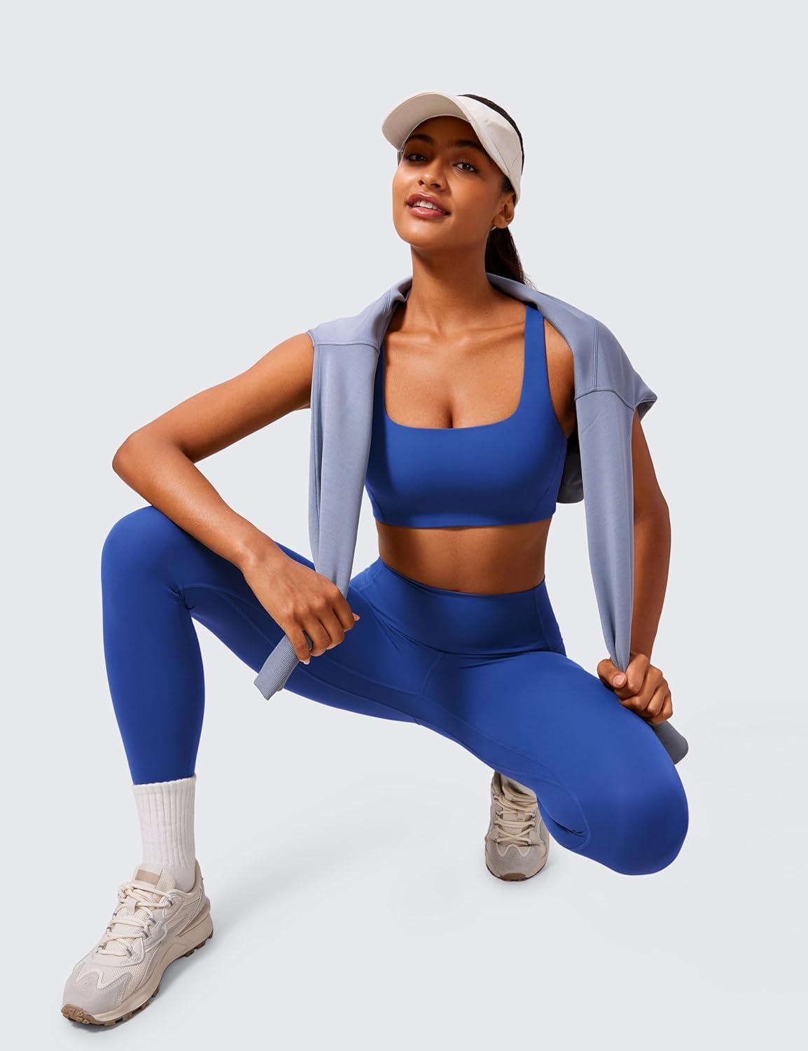 imageCRZ YOGA Butterlift Double Lined Square Neck Sports Bras for Women Wireless VShaped Racerback Workout Yoga Top Non PaddedWaves Blue