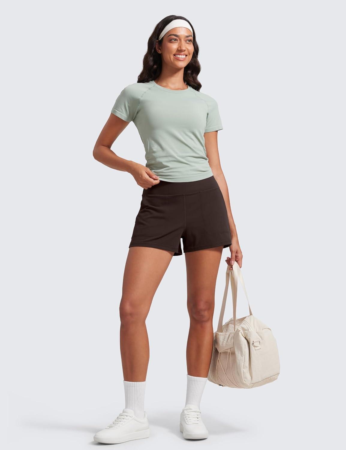 imageCRZ YOGA Butterlift Linerless Shorts for Women 3quot High Waisted Comfy Yoga Casual Lounge Workout with PocketsHot Fudge Brown