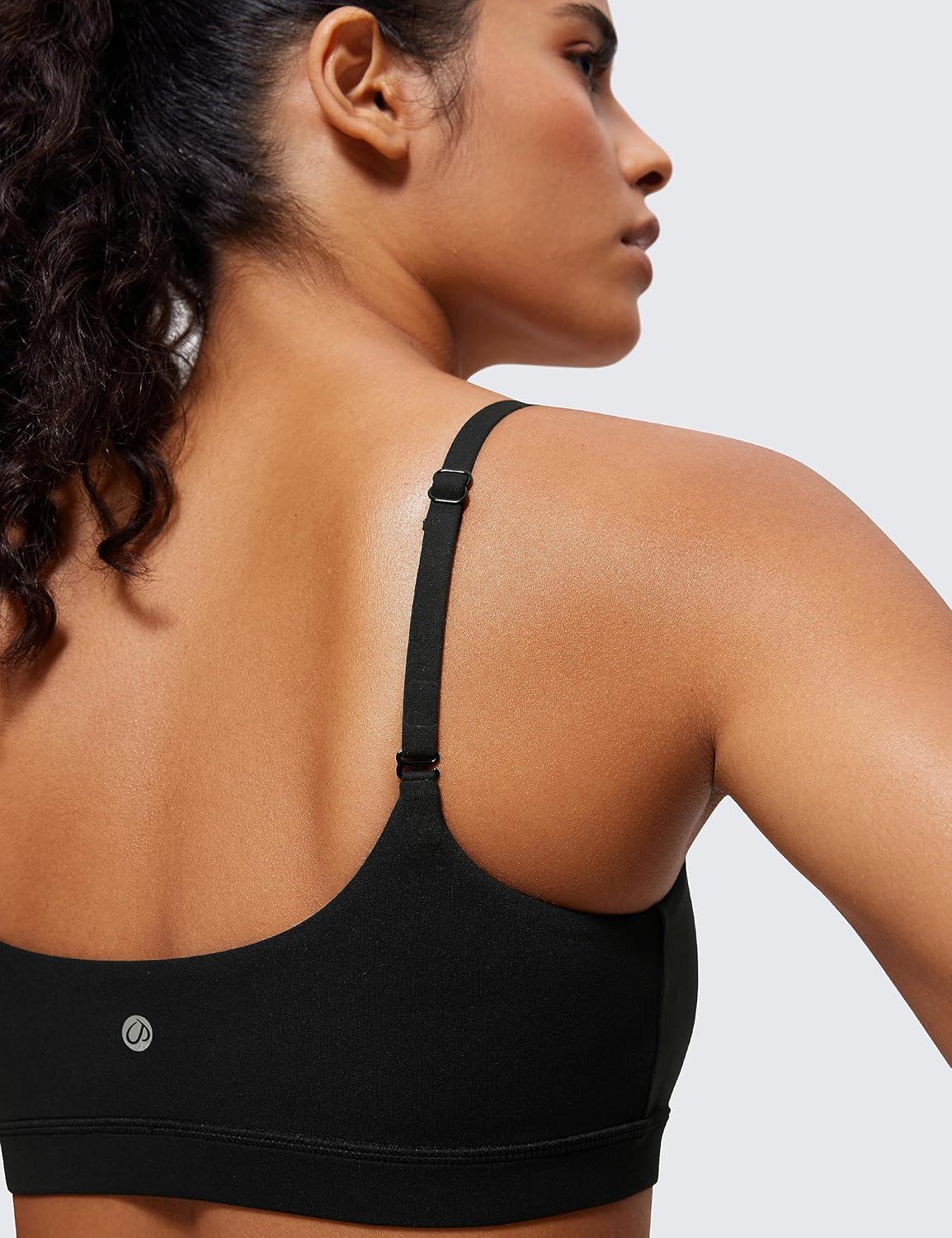 imageCRZ YOGA Butterluxe Adjustable Spaghetti Strap Sports Bras for Women Scoop Neck Wireless Padded Yoga Workout Crop TopBlack