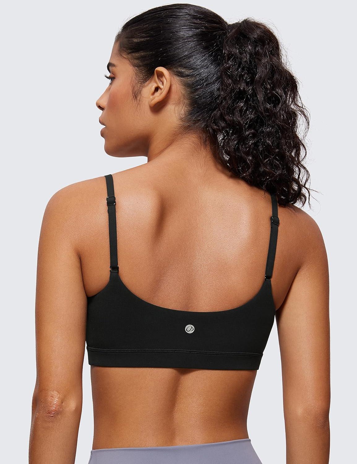 imageCRZ YOGA Butterluxe Adjustable Spaghetti Strap Sports Bras for Women Scoop Neck Wireless Padded Yoga Workout Crop TopBlack