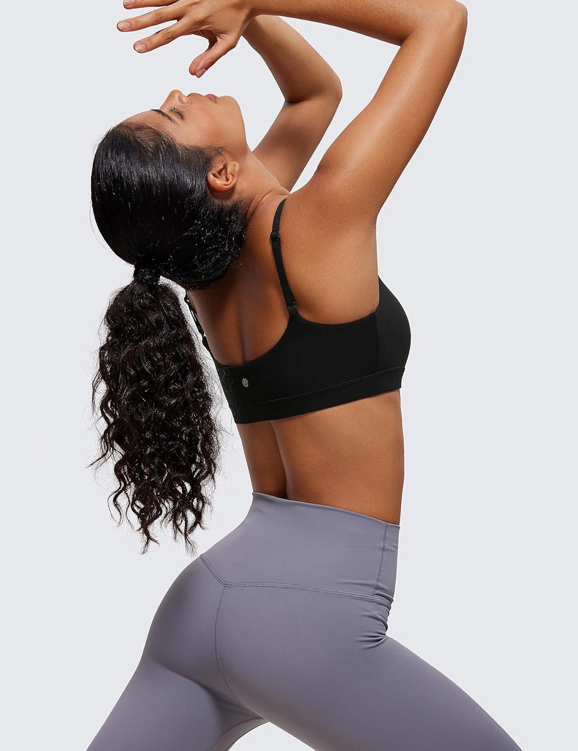 imageCRZ YOGA Butterluxe Adjustable Spaghetti Strap Sports Bras for Women Scoop Neck Wireless Padded Yoga Workout Crop TopBlack