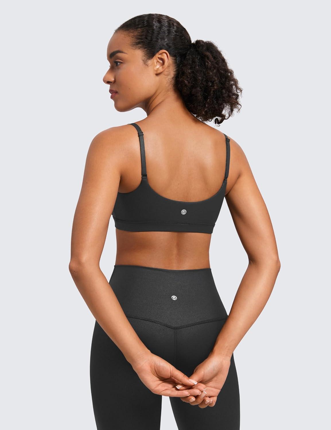 imageCRZ YOGA Butterluxe Adjustable Spaghetti Strap Sports Bras for Women Scoop Neck Wireless Padded Yoga Workout Crop TopBlack Foil Pattern