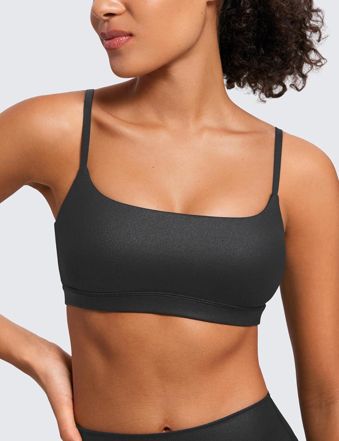 imageCRZ YOGA Butterluxe Adjustable Spaghetti Strap Sports Bras for Women Scoop Neck Wireless Padded Yoga Workout Crop TopBlack Foil Pattern