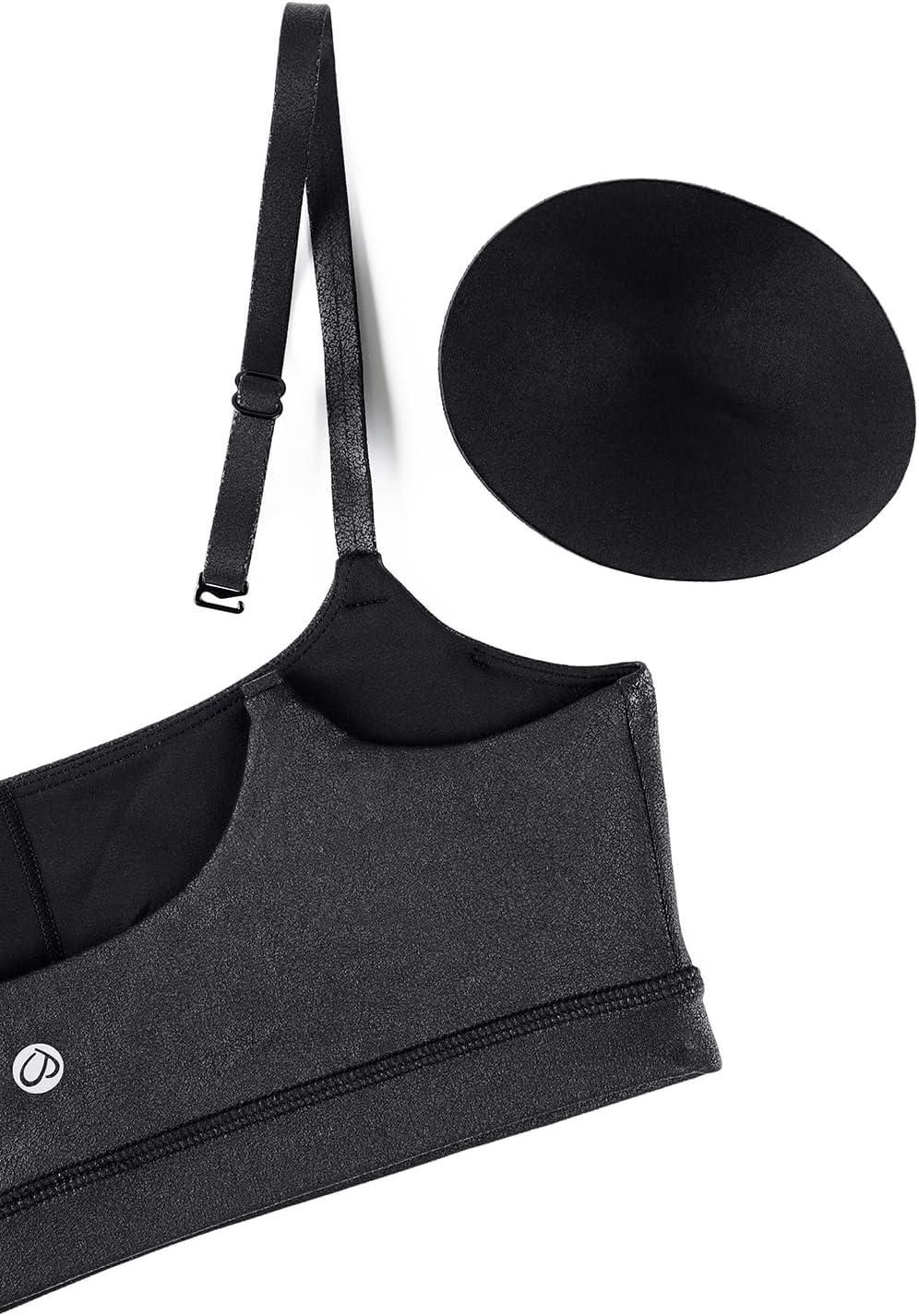 imageCRZ YOGA Butterluxe Adjustable Spaghetti Strap Sports Bras for Women Scoop Neck Wireless Padded Yoga Workout Crop TopBlack Foil Pattern