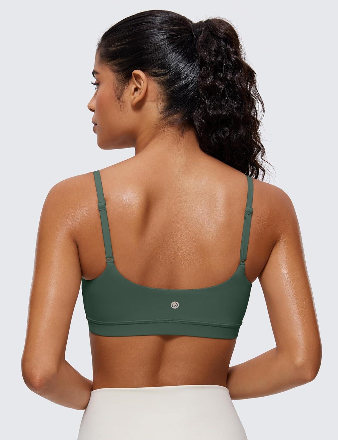 imageCRZ YOGA Butterluxe Adjustable Spaghetti Strap Sports Bras for Women Scoop Neck Wireless Padded Yoga Workout Crop TopDark Forest Green