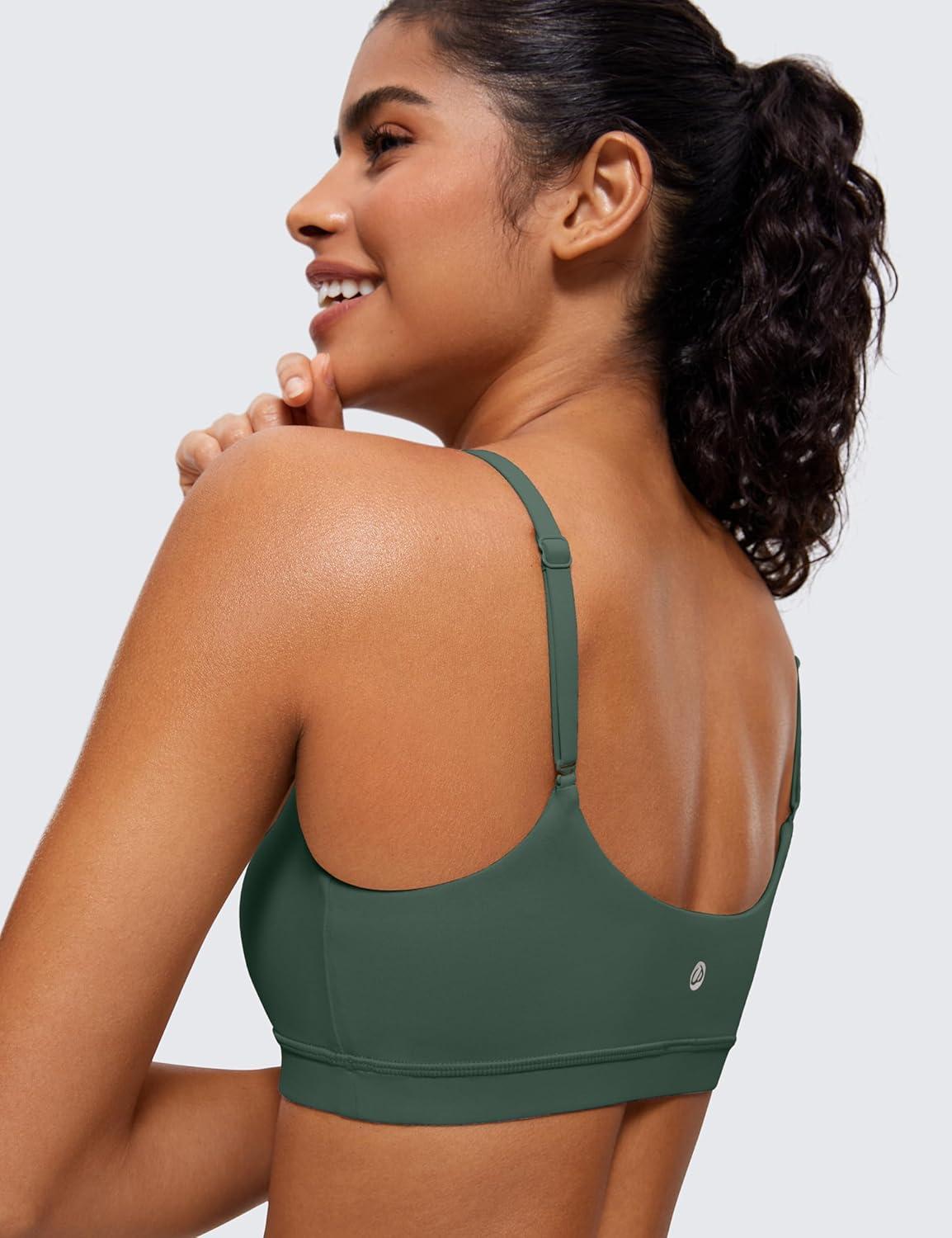 imageCRZ YOGA Butterluxe Adjustable Spaghetti Strap Sports Bras for Women Scoop Neck Wireless Padded Yoga Workout Crop TopDark Forest Green