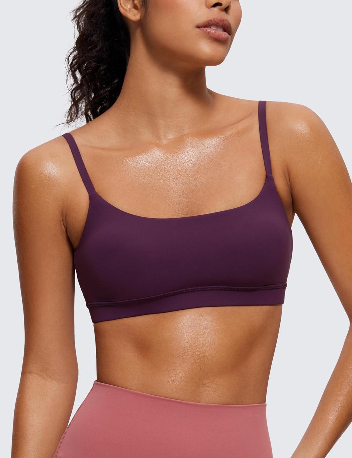 imageCRZ YOGA Butterluxe Adjustable Spaghetti Strap Sports Bras for Women Scoop Neck Wireless Padded Yoga Workout Crop TopDeep Purple