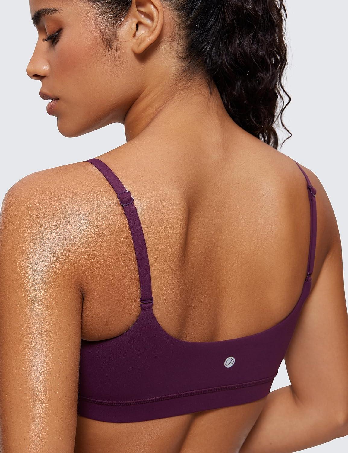 imageCRZ YOGA Butterluxe Adjustable Spaghetti Strap Sports Bras for Women Scoop Neck Wireless Padded Yoga Workout Crop TopDeep Purple