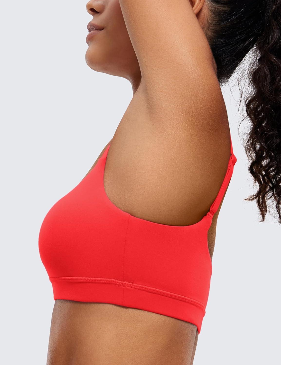 imageCRZ YOGA Butterluxe Adjustable Spaghetti Strap Sports Bras for Women Scoop Neck Wireless Padded Yoga Workout Crop TopDeep Red