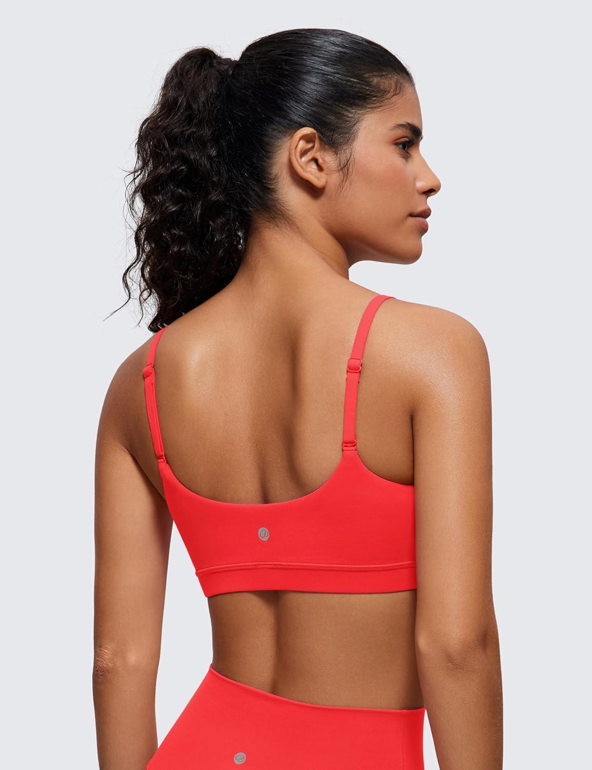 imageCRZ YOGA Butterluxe Adjustable Spaghetti Strap Sports Bras for Women Scoop Neck Wireless Padded Yoga Workout Crop TopDeep Red