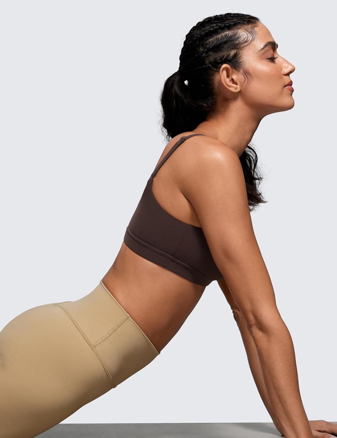 imageCRZ YOGA Butterluxe Adjustable Spaghetti Strap Sports Bras for Women Scoop Neck Wireless Padded Yoga Workout Crop TopHot Fudge Brown