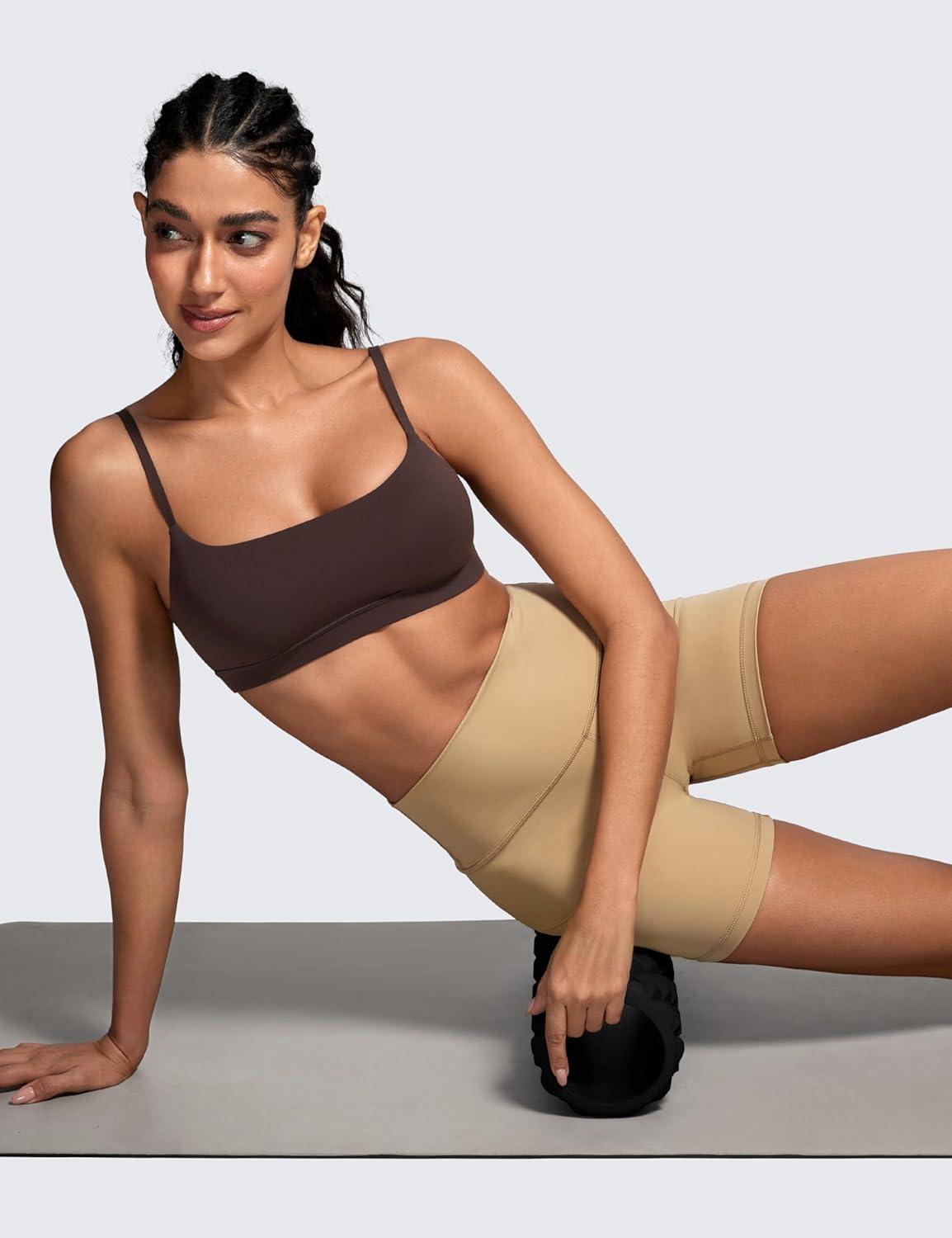 imageCRZ YOGA Butterluxe Adjustable Spaghetti Strap Sports Bras for Women Scoop Neck Wireless Padded Yoga Workout Crop TopHot Fudge Brown