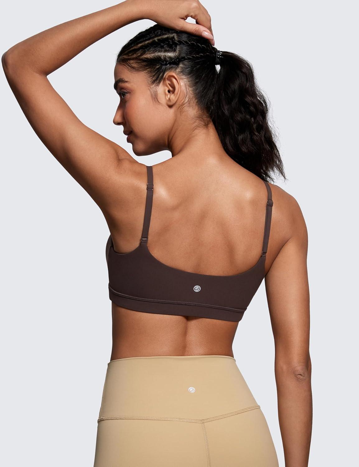 imageCRZ YOGA Butterluxe Adjustable Spaghetti Strap Sports Bras for Women Scoop Neck Wireless Padded Yoga Workout Crop TopHot Fudge Brown