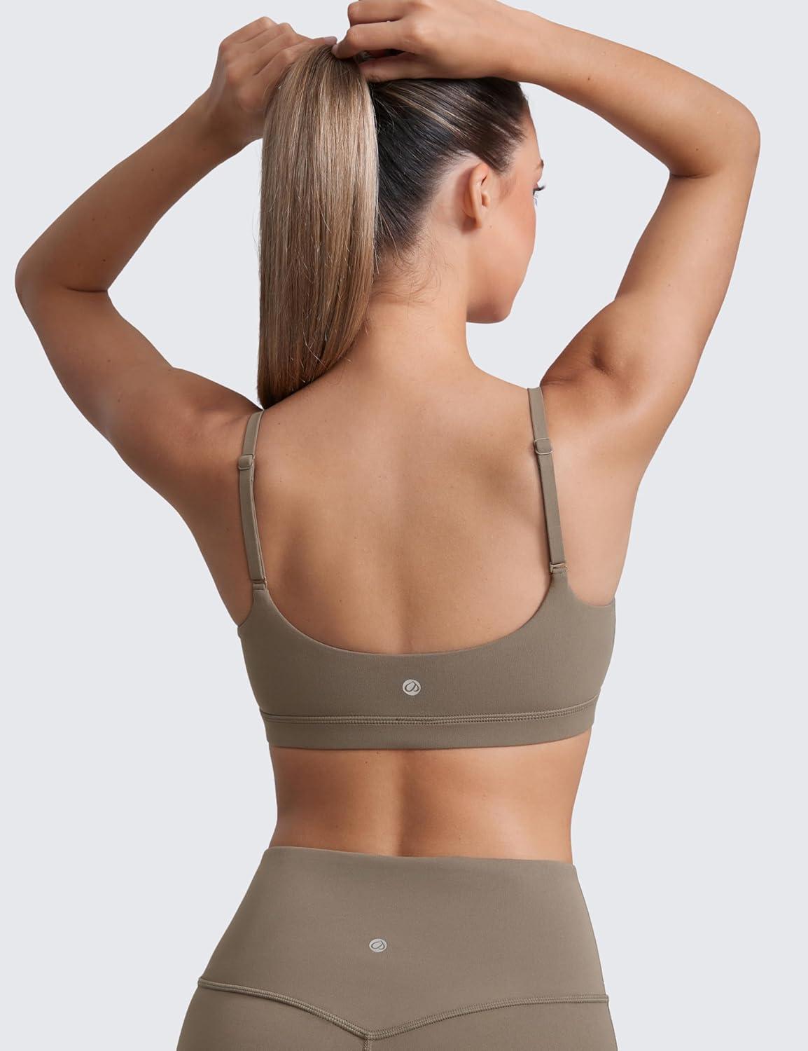 imageCRZ YOGA Butterluxe Adjustable Spaghetti Strap Sports Bras for Women Scoop Neck Wireless Padded Yoga Workout Crop TopNomad Grey