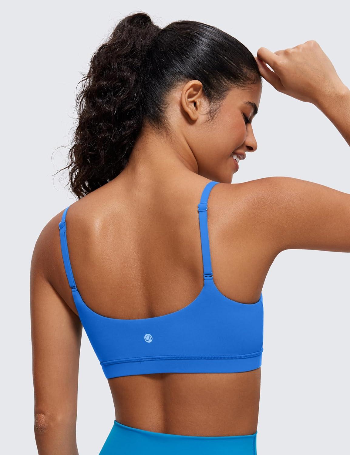 imageCRZ YOGA Butterluxe Adjustable Spaghetti Strap Sports Bras for Women Scoop Neck Wireless Padded Yoga Workout Crop TopSparkle Blue
