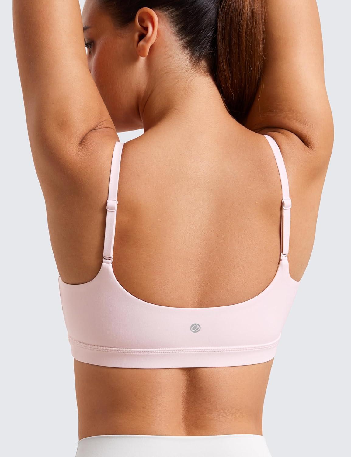 imageCRZ YOGA Butterluxe Adjustable Spaghetti Strap Sports Bras for Women Scoop Neck Wireless Padded Yoga Workout Crop TopStrawberry Pink