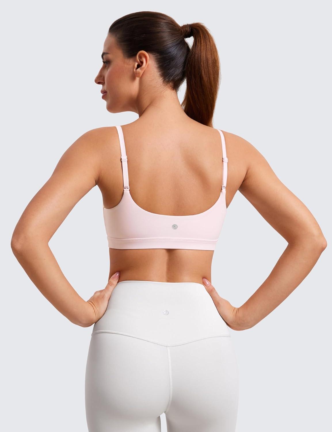 imageCRZ YOGA Butterluxe Adjustable Spaghetti Strap Sports Bras for Women Scoop Neck Wireless Padded Yoga Workout Crop TopStrawberry Pink