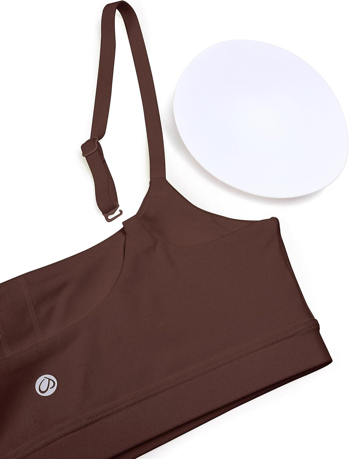 imageCRZ YOGA Butterluxe Adjustable Spaghetti Strap Sports Bras for Women Scoop Neck Wireless Padded Yoga Workout Crop TopTaupe