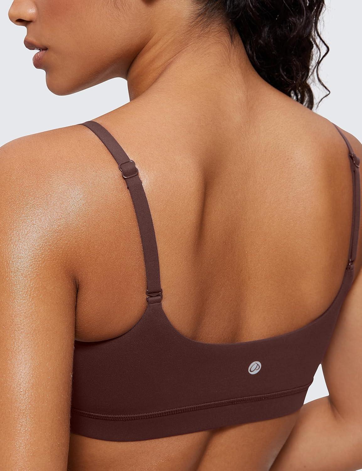 imageCRZ YOGA Butterluxe Adjustable Spaghetti Strap Sports Bras for Women Scoop Neck Wireless Padded Yoga Workout Crop TopTaupe