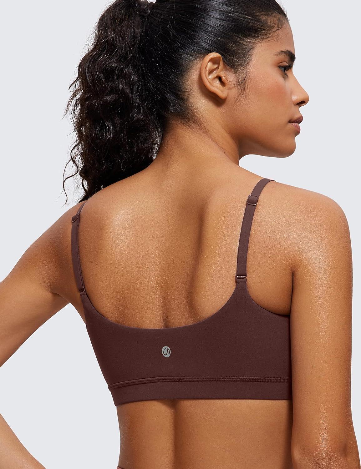 imageCRZ YOGA Butterluxe Adjustable Spaghetti Strap Sports Bras for Women Scoop Neck Wireless Padded Yoga Workout Crop TopTaupe