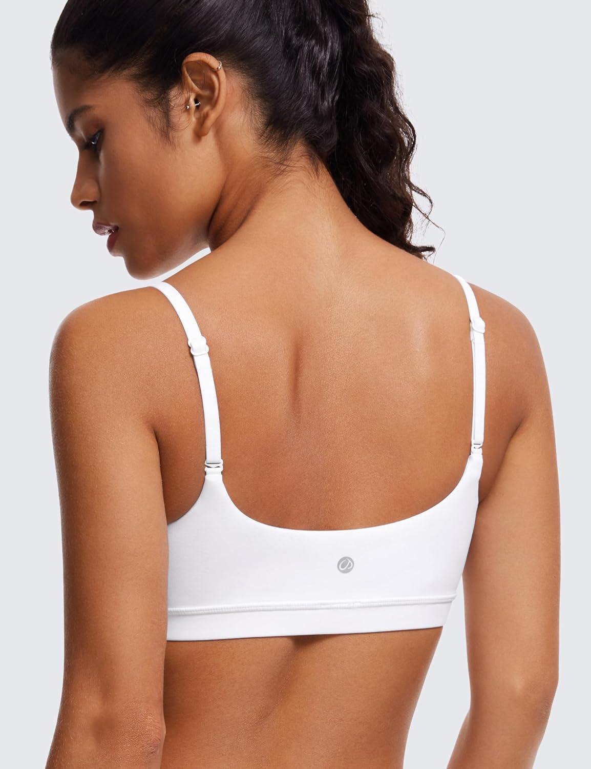 imageCRZ YOGA Butterluxe Adjustable Spaghetti Strap Sports Bras for Women Scoop Neck Wireless Padded Yoga Workout Crop TopWhite