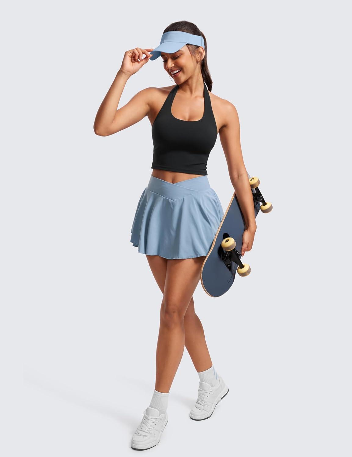 imageCRZ YOGA Butterluxe Halter Crop Tank Tops for Women Open Back Padded Longline Sports Bras Workout GymBlack