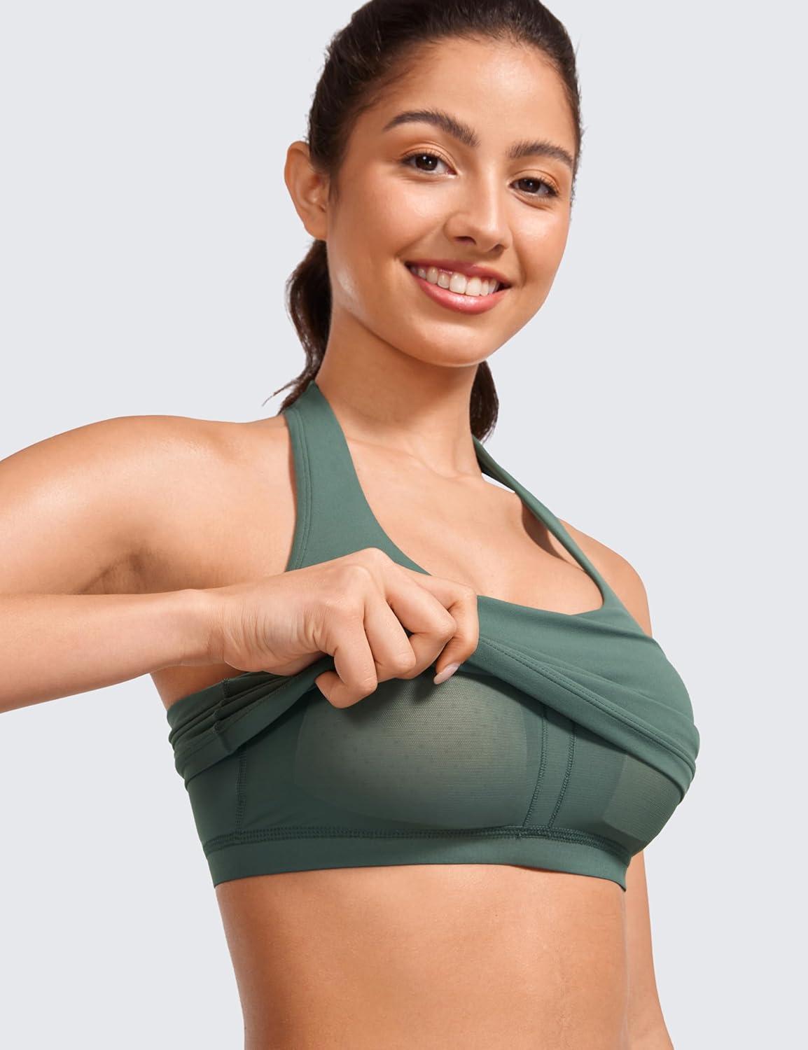 imageCRZ YOGA Butterluxe Halter Crop Tank Tops for Women Open Back Padded Longline Sports Bras Workout GymDark Forest Green