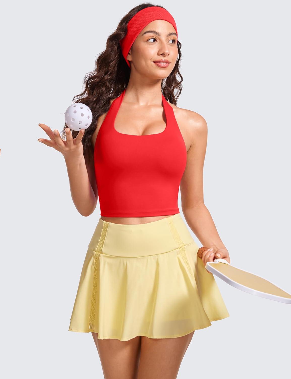 imageCRZ YOGA Butterluxe Halter Crop Tank Tops for Women Open Back Padded Longline Sports Bras Workout GymDeep Red