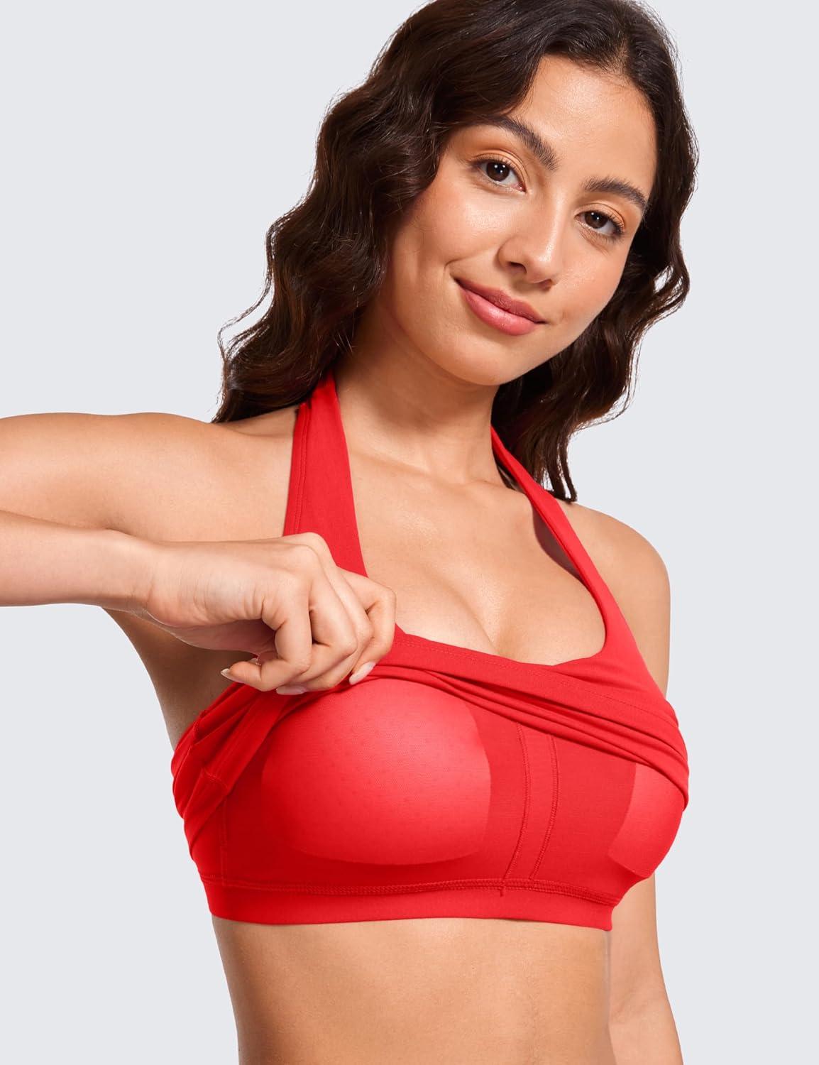 imageCRZ YOGA Butterluxe Halter Crop Tank Tops for Women Open Back Padded Longline Sports Bras Workout GymDeep Red