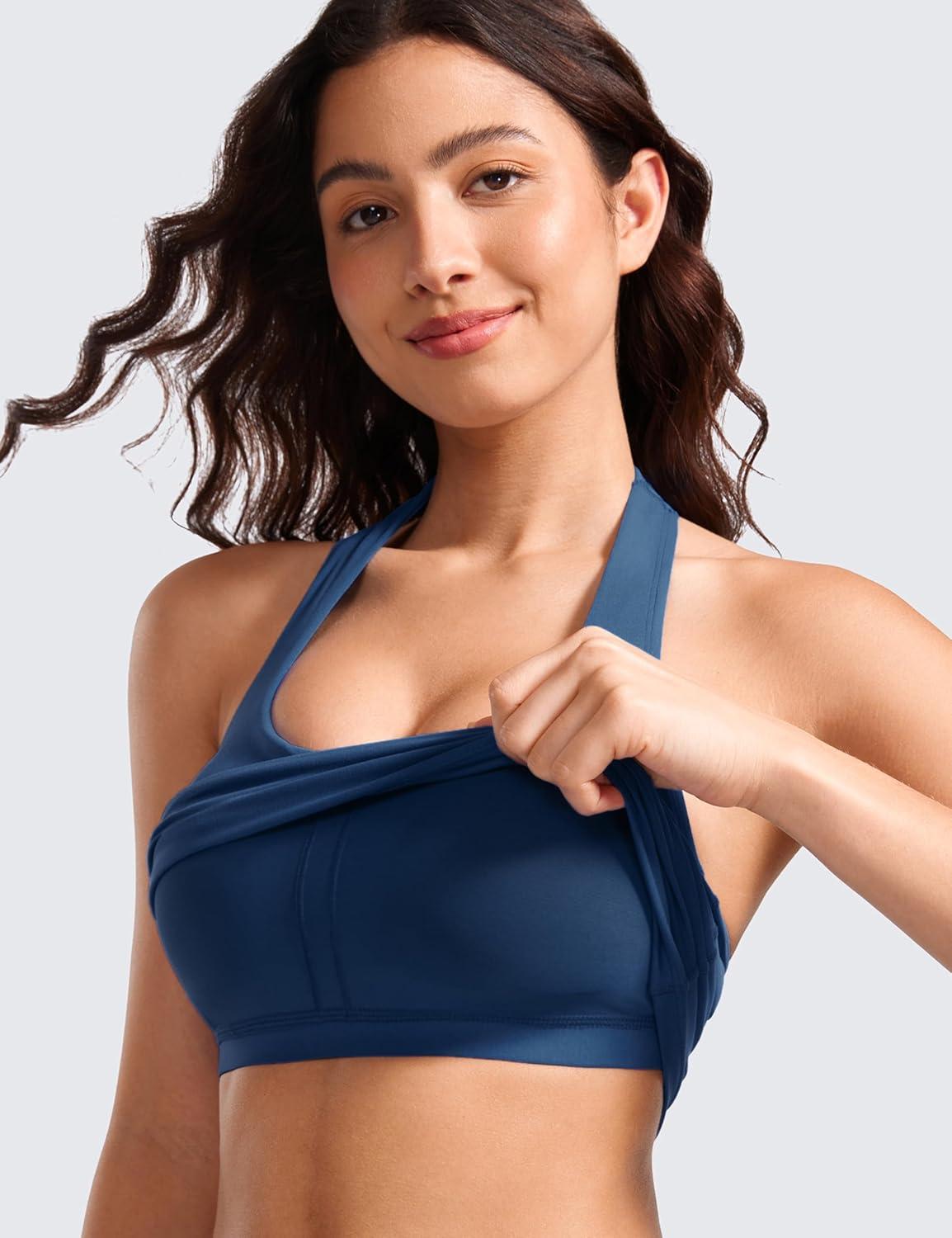 imageCRZ YOGA Butterluxe Halter Crop Tank Tops for Women Open Back Padded Longline Sports Bras Workout GymFrench Navy
