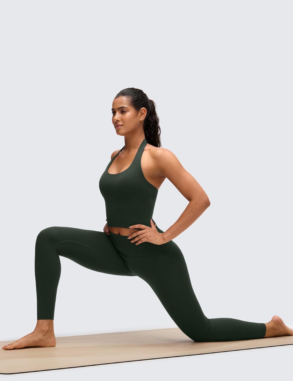 imageCRZ YOGA Butterluxe Halter Crop Tank Tops for Women Open Back Padded Longline Sports Bras Workout GymLegend Green