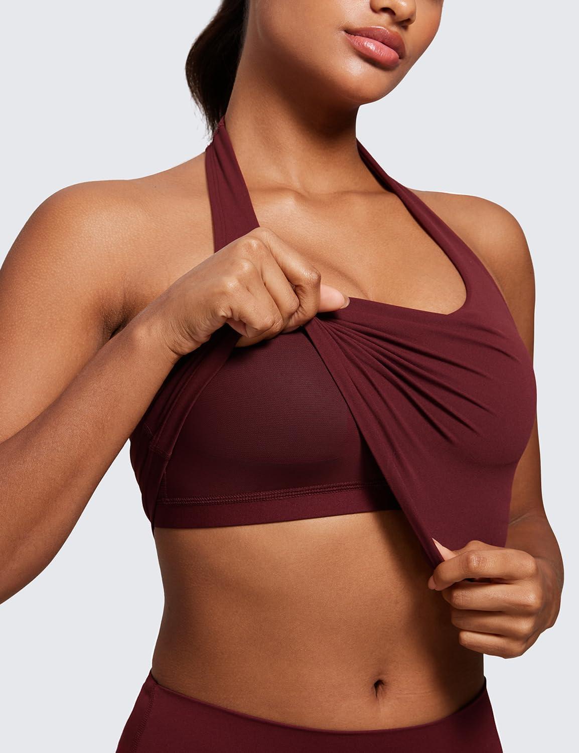 imageCRZ YOGA Butterluxe Halter Crop Tank Tops for Women Open Back Padded Longline Sports Bras Workout GymRed Merlot
