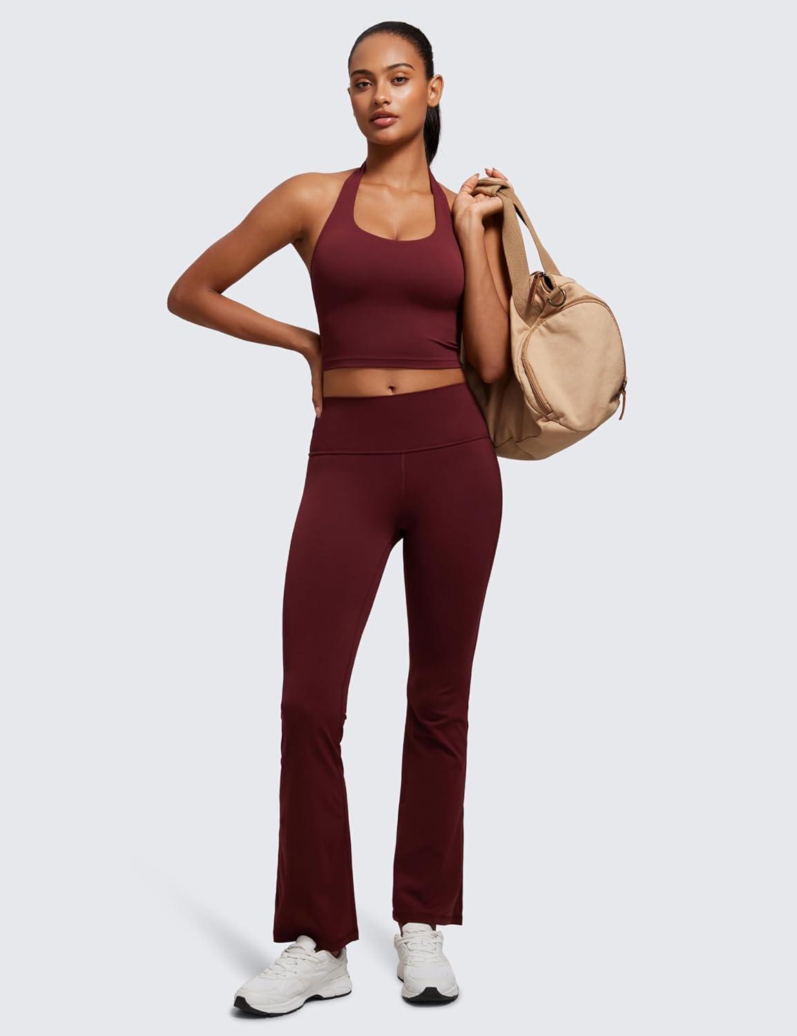 imageCRZ YOGA Butterluxe Halter Crop Tank Tops for Women Open Back Padded Longline Sports Bras Workout GymRed Merlot