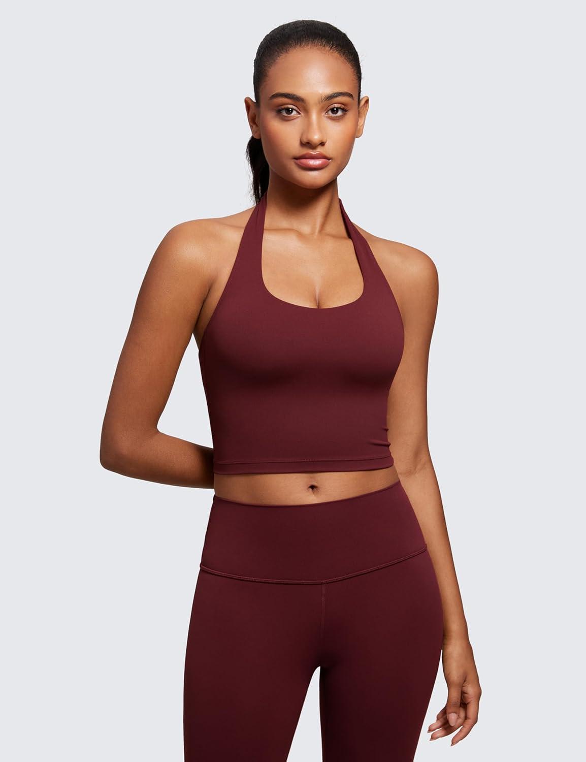 imageCRZ YOGA Butterluxe Halter Crop Tank Tops for Women Open Back Padded Longline Sports Bras Workout GymRed Merlot