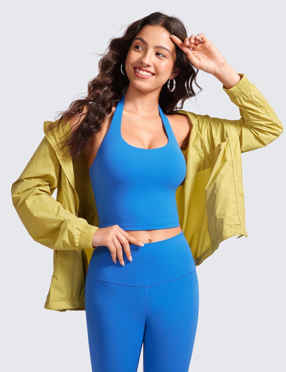 imageCRZ YOGA Butterluxe Halter Crop Tank Tops for Women Open Back Padded Longline Sports Bras Workout GymSparkle Blue
