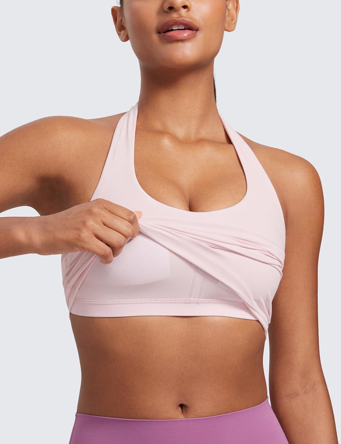 imageCRZ YOGA Butterluxe Halter Crop Tank Tops for Women Open Back Padded Longline Sports Bras Workout GymStrawberry Pink