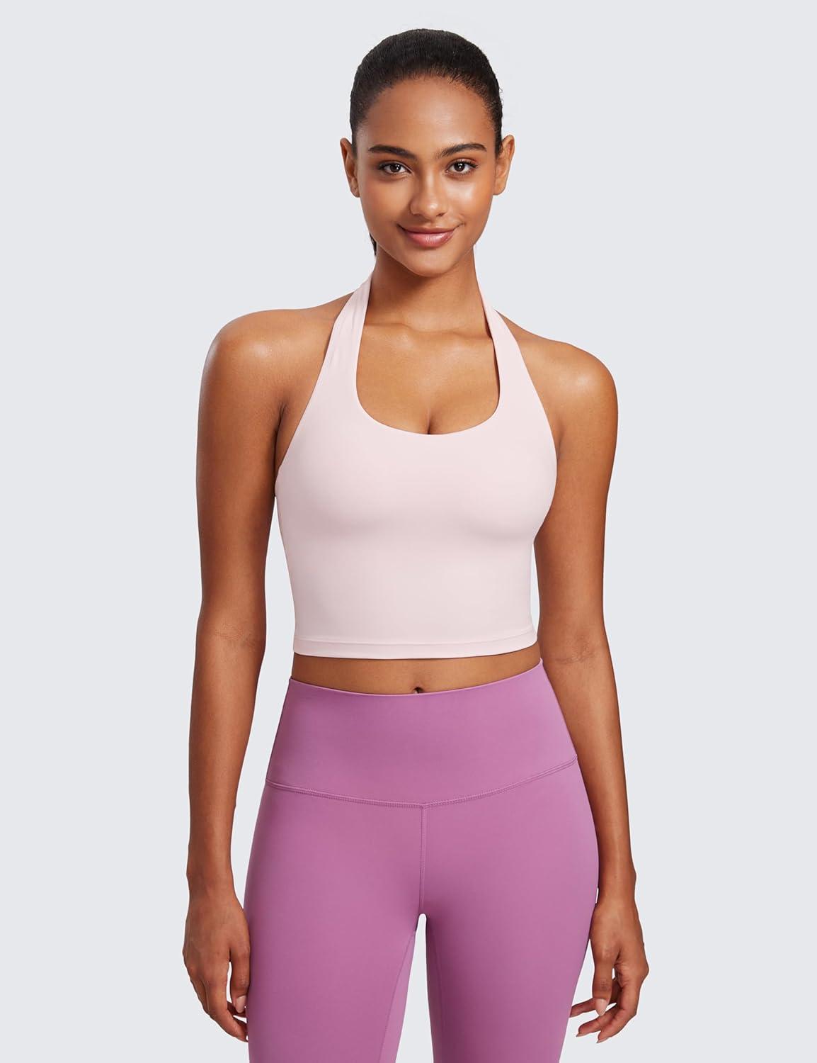 imageCRZ YOGA Butterluxe Halter Crop Tank Tops for Women Open Back Padded Longline Sports Bras Workout GymStrawberry Pink