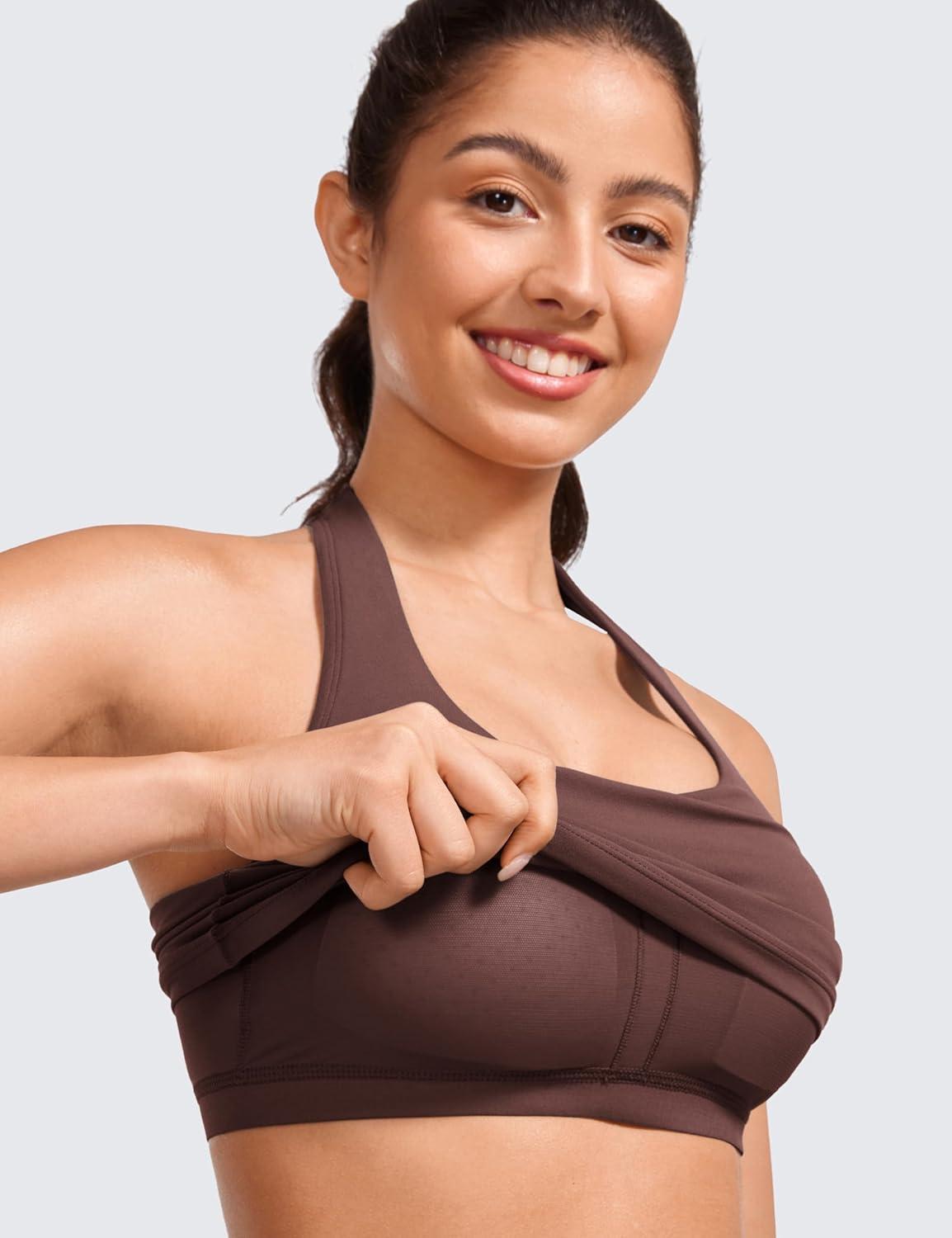 imageCRZ YOGA Butterluxe Halter Crop Tank Tops for Women Open Back Padded Longline Sports Bras Workout GymTaupe