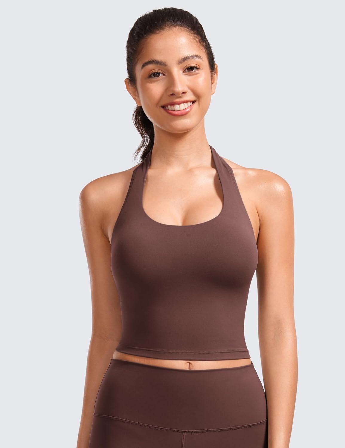imageCRZ YOGA Butterluxe Halter Crop Tank Tops for Women Open Back Padded Longline Sports Bras Workout GymTaupe