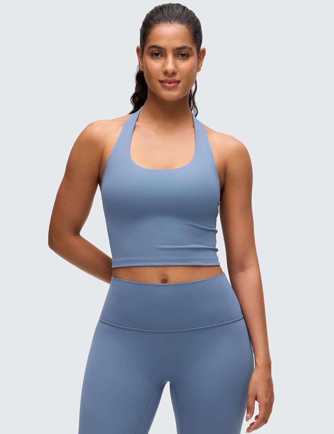 imageCRZ YOGA Butterluxe Halter Crop Tank Tops for Women Open Back Padded Longline Sports Bras Workout GymWashed Denim