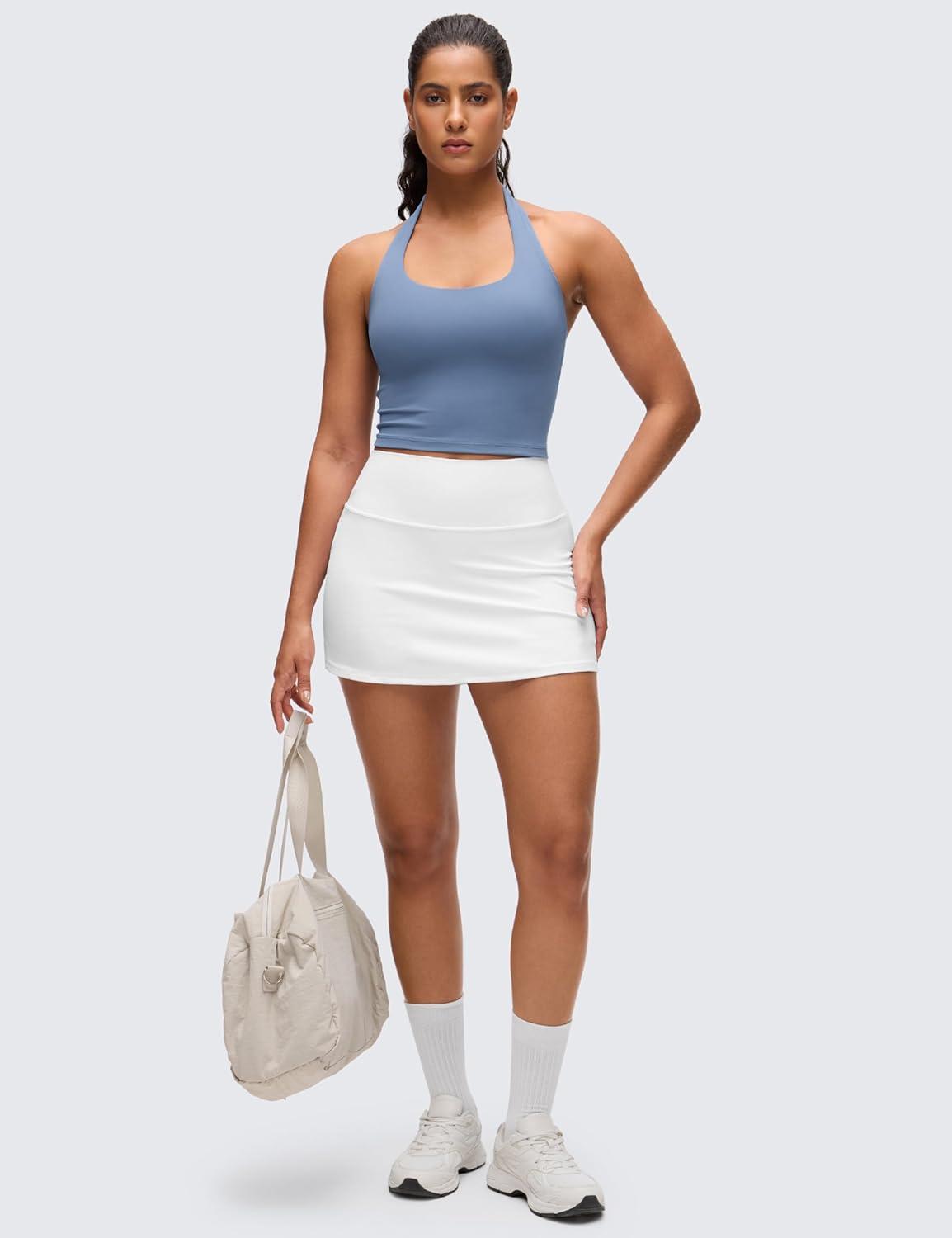 imageCRZ YOGA Butterluxe Halter Crop Tank Tops for Women Open Back Padded Longline Sports Bras Workout GymWashed Denim