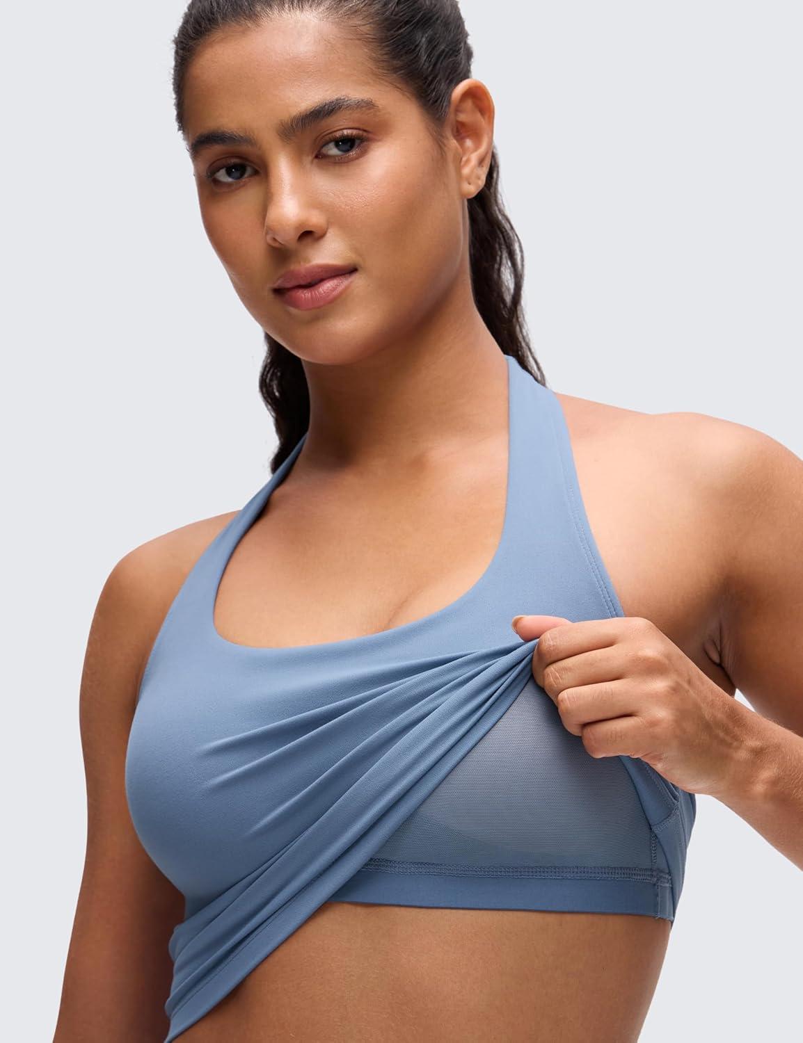 imageCRZ YOGA Butterluxe Halter Crop Tank Tops for Women Open Back Padded Longline Sports Bras Workout GymWashed Denim