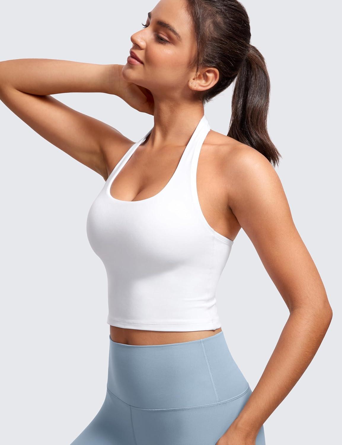 imageCRZ YOGA Butterluxe Halter Crop Tank Tops for Women Open Back Padded Longline Sports Bras Workout GymWhite