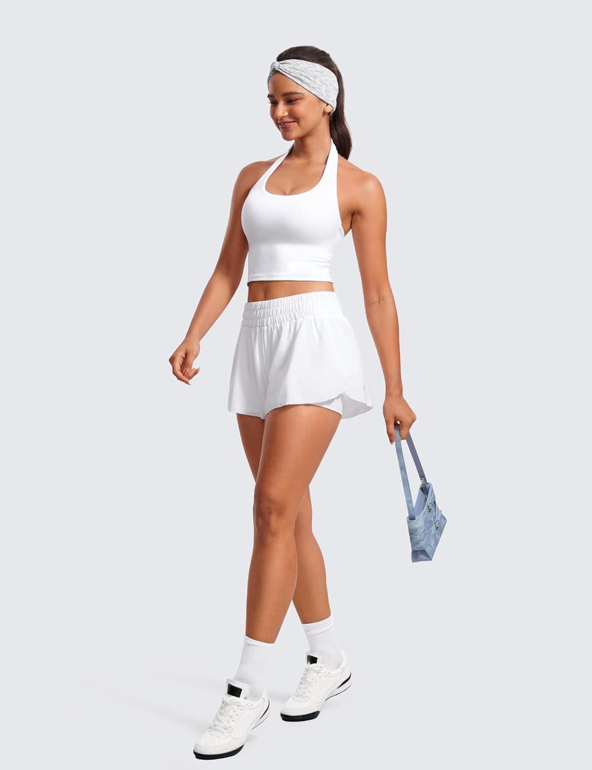 imageCRZ YOGA Butterluxe Halter Crop Tank Tops for Women Open Back Padded Longline Sports Bras Workout GymWhite