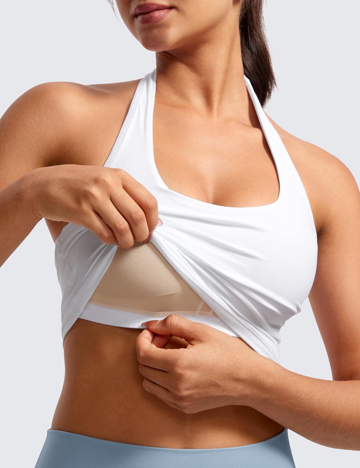 imageCRZ YOGA Butterluxe Halter Crop Tank Tops for Women Open Back Padded Longline Sports Bras Workout GymWhite