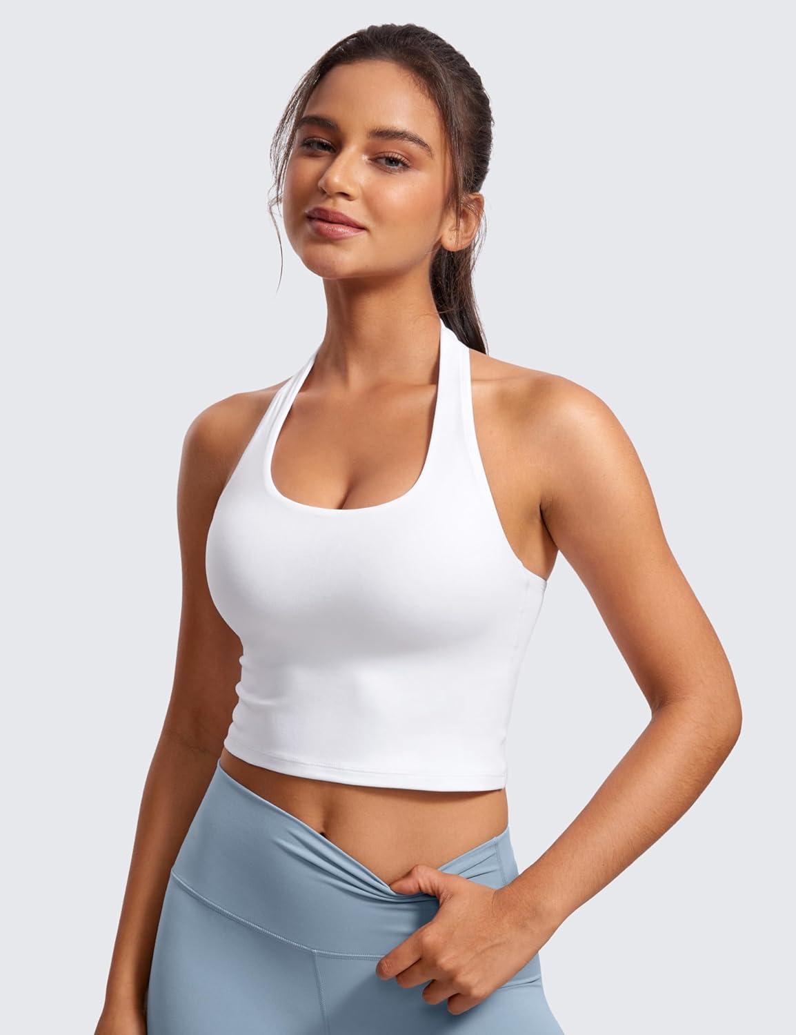 imageCRZ YOGA Butterluxe Halter Crop Tank Tops for Women Open Back Padded Longline Sports Bras Workout GymWhite